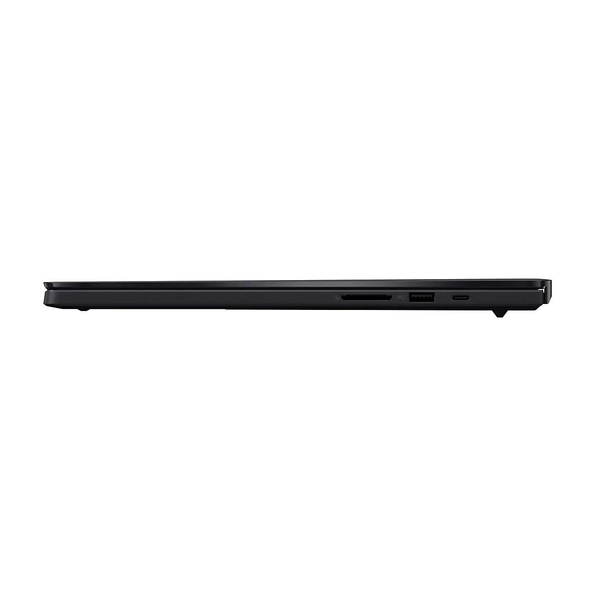 Seitenansicht eines schwarzen Laptops. Sichtbar sind Anschlüsse für SD-Karte, USB und Strom.