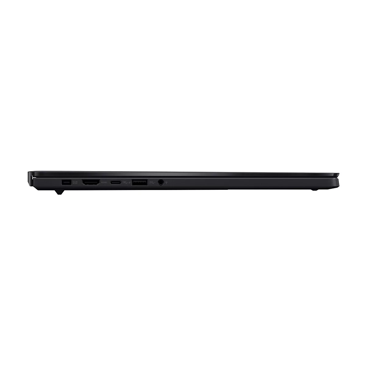 Nahaufnahme eines schwarzen Laptops, seitlich betrachtet. Deutlich sind Anschlüsse wie HDMI, USB und Audioausgang erkennbar.