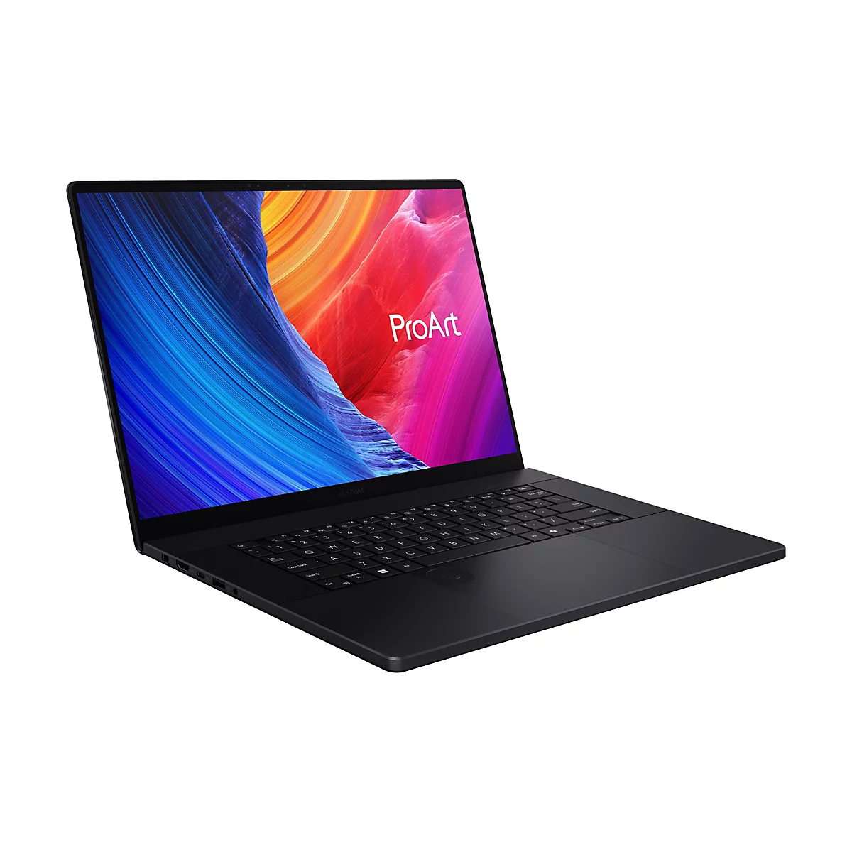 Schwarzer Laptop mit dem Schriftzug "ProArt" auf dem Bildschirm. Der Bildschirm zeigt eine farbenfrohe Darstellung. Die Tastatur ist deutlich sichtbar.