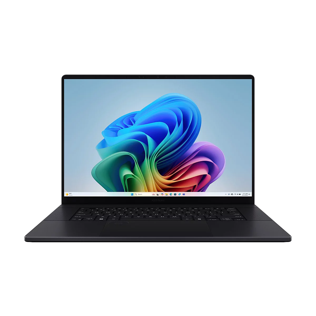 Schwarzes Laptop mit geöffnetem Deckel. Der Bildschirm zeigt ein buntes, abstraktes Design. 