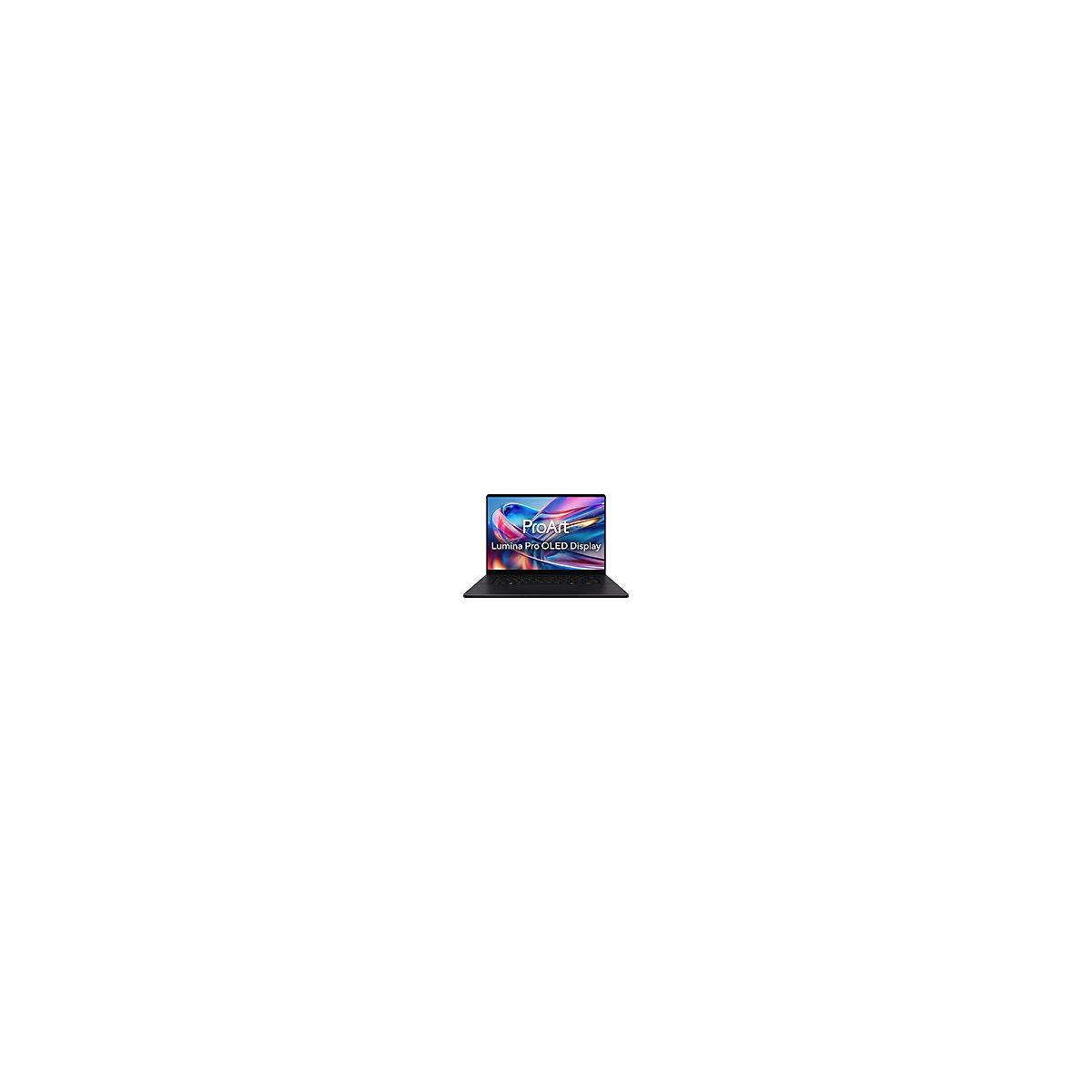 Schwarzer Laptop, Display zeigt bunte, abstrakte Kunst und den Text 'ProArt Lumina Pro OLED Display'.