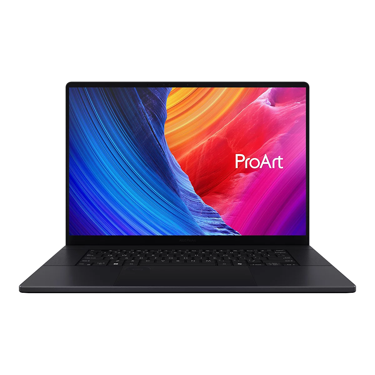 Schwarzer Laptop mit geöffnetem Display, auf dem das Wort ProArt in Weiß vor einem farbenfrohen, abstrakten Hintergrund zu sehen ist.
