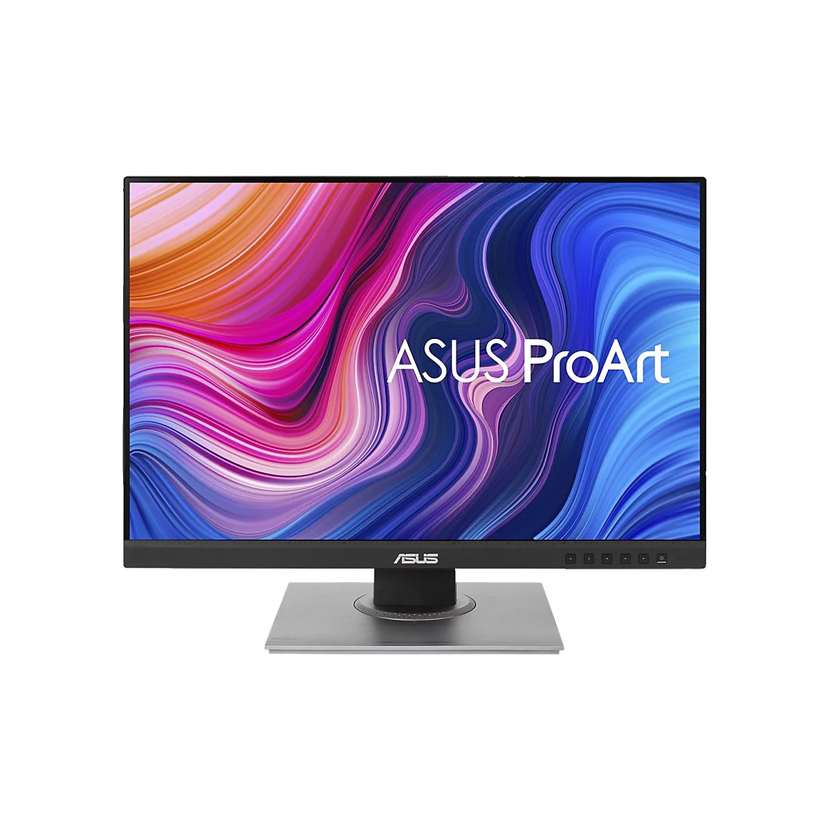 Ein ASUS ProArt Monitor, das Display zeigt abstrakte, farbenfrohe Wirbel. Auf dem Monitorfuß das ASUS Logo.