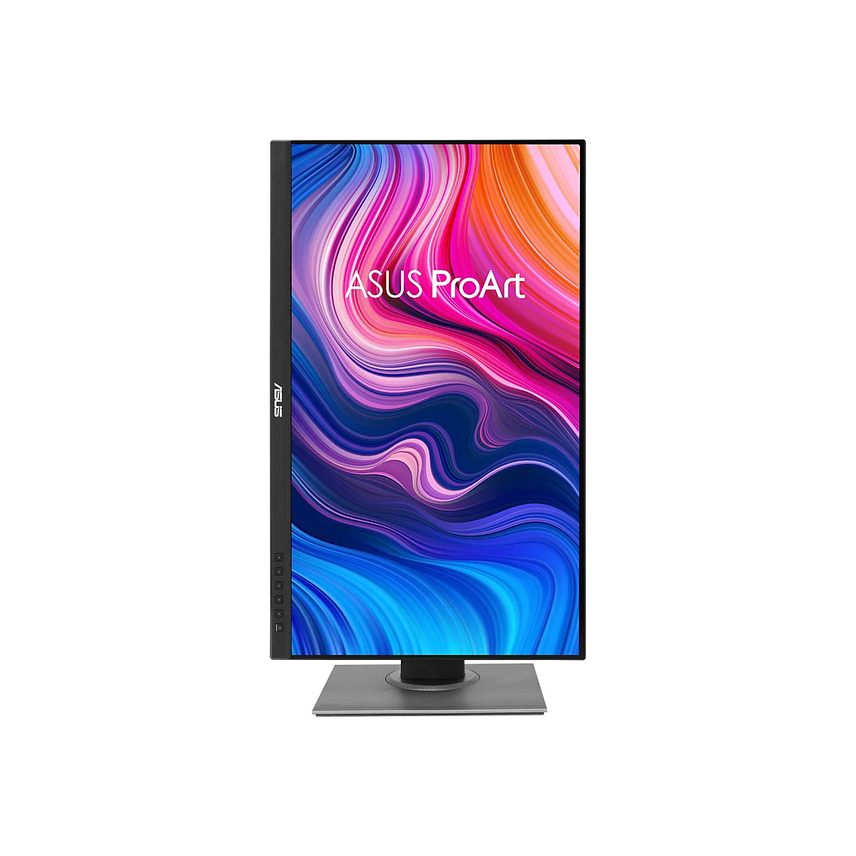 Un moniteur ASUS ProArt noir, en orientation portrait sur fond blanc. L'écran affiche un design abstrait et coloré.