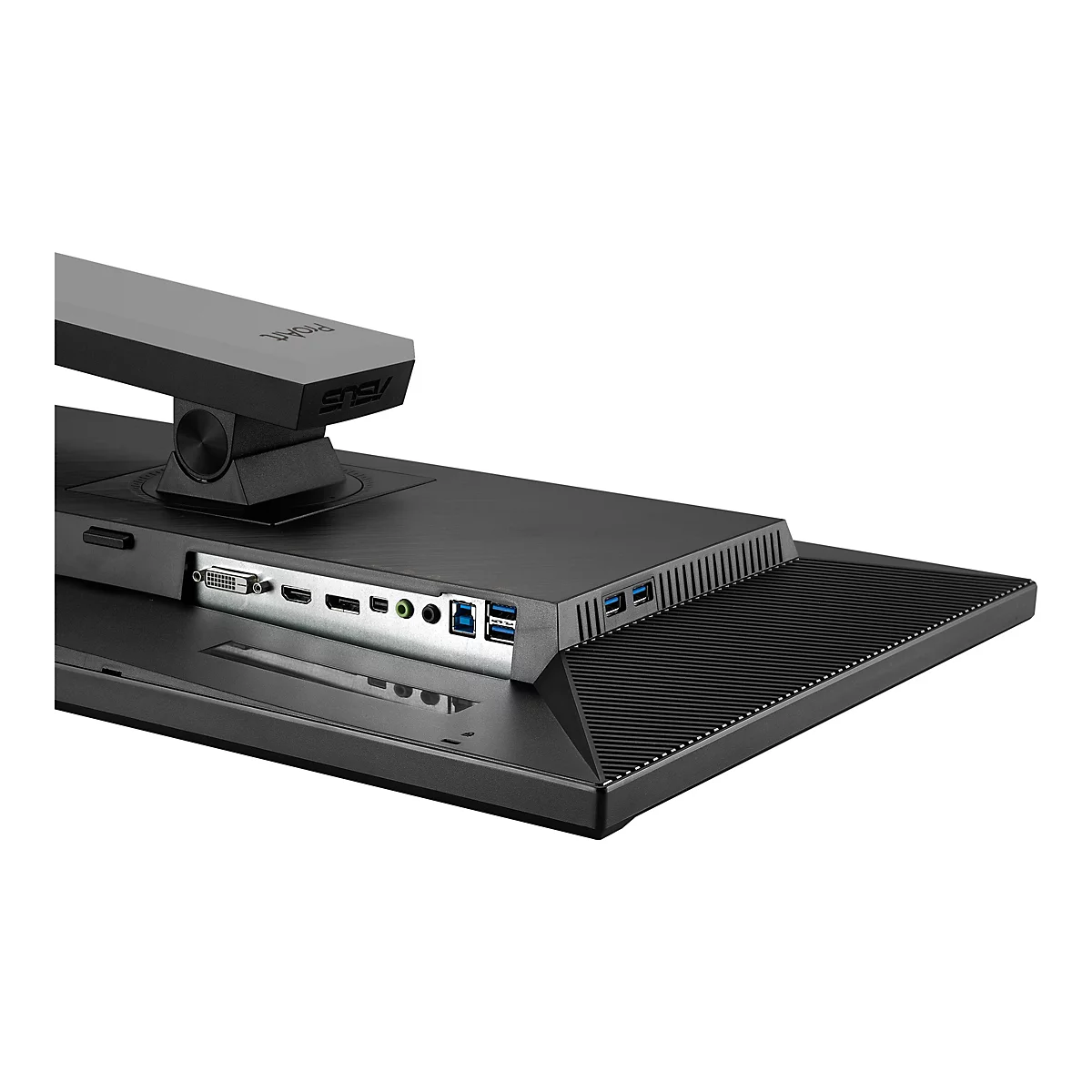 Gros plan sur un écran d'ordinateur noir et moderne. Lettrage ASUS et ProArt visible. Connexions à l'arrière.