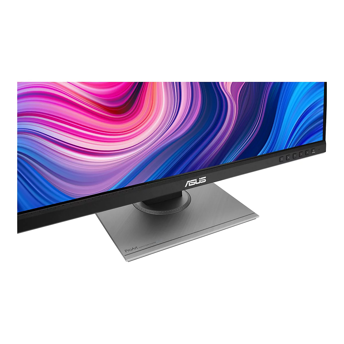 Monitor mit farbenfrohem Hintergrund. Unten das Logo ASUS und eine Standfläche mit ProArt Schriftzug.