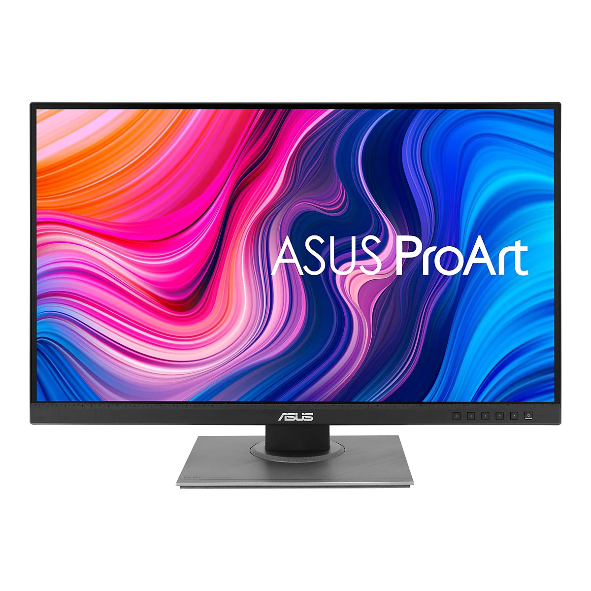 Ein schwarzer ASUS ProArt Monitor, das Display zeigt einen bunten, abstrakten Hintergrund. Darunter das ASUS Logo und Bedienelemente.