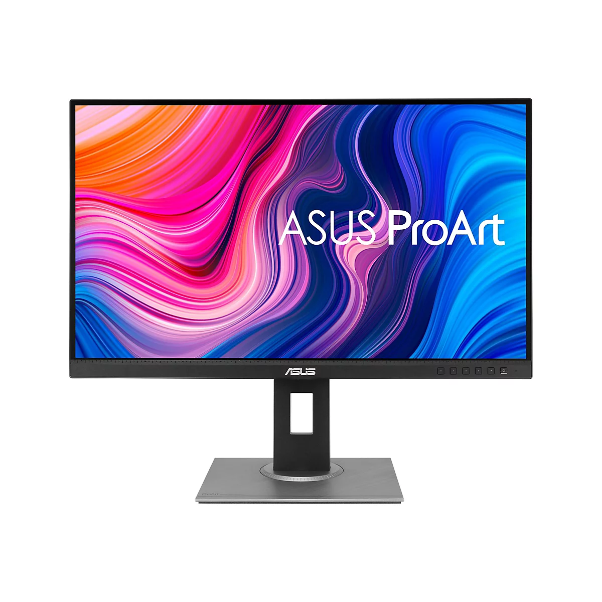 Ein ASUS ProArt Monitor, der Bildschirm zeigt ein abstraktes Farbspiel. Die Unterseite und der Standfuß des Monitors sind anthrazitfarben.