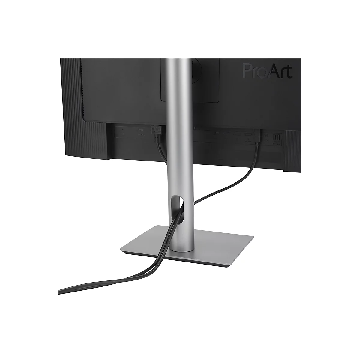 Arrière d'un moniteur noir avec un pied argenté. Des câbles noirs mènent au moniteur, le logo ProArt est à gauche.