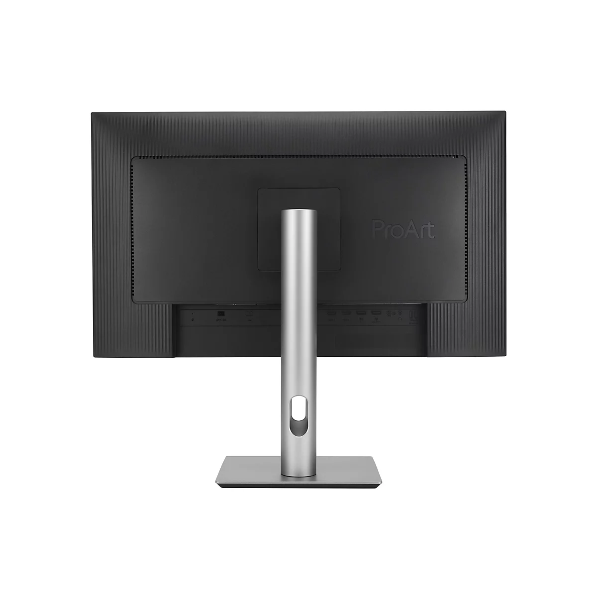 Rückansicht eines schwarzen ProArt Monitors mit silbernem Standfuß. Schriftzug ProArt auf der Rückseite.