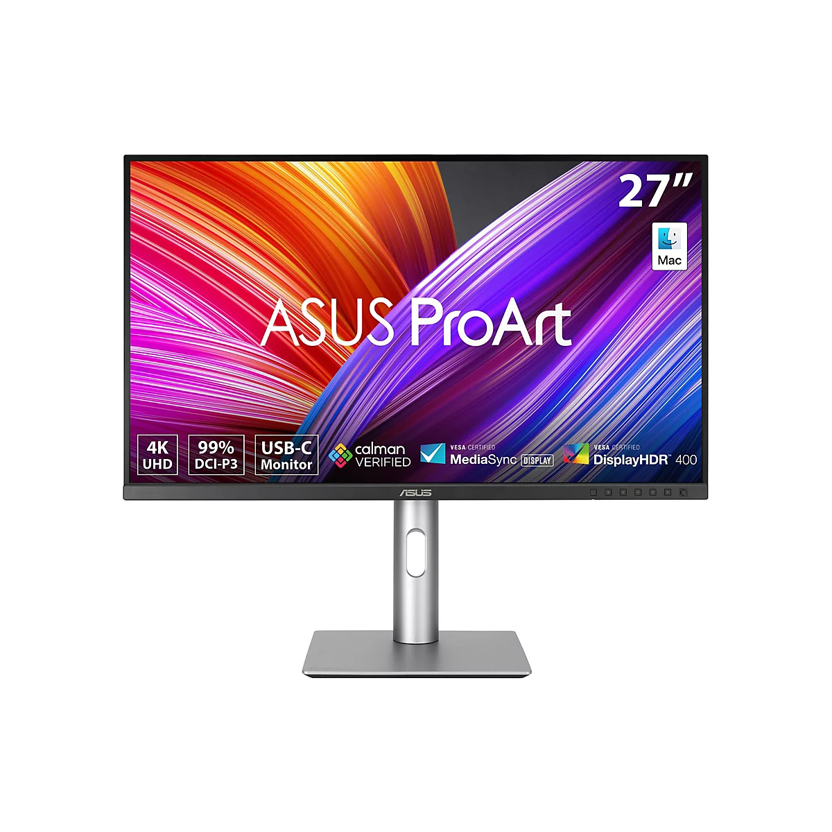 Ein 27-Zoll-Monitor der Marke Asus ProArt, der auf einem silbernen Standfuß steht. Das Display zeigt ein farbenfrohes, abstraktes Muster. Auf dem Display befinden sich die Logos "4K UHD", "99% DCI-P3", "USB-C Monitor" und "Mac".