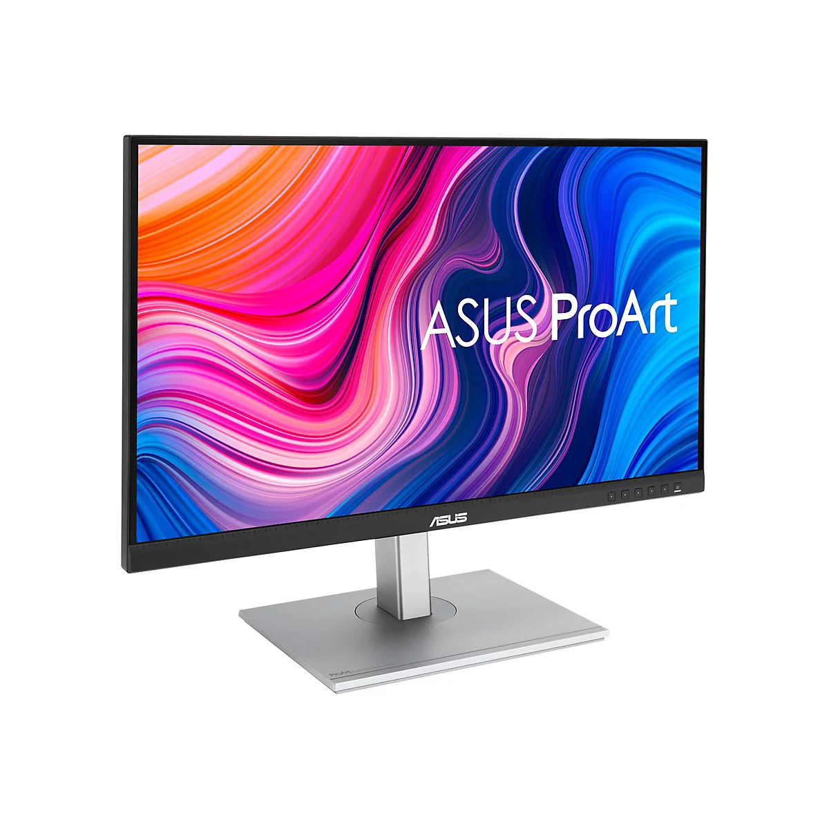 Ein ASUS ProArt Monitor mit farbenfrohem Hintergrund. Der Monitor steht auf einem silbernen StandfuÃŸ.