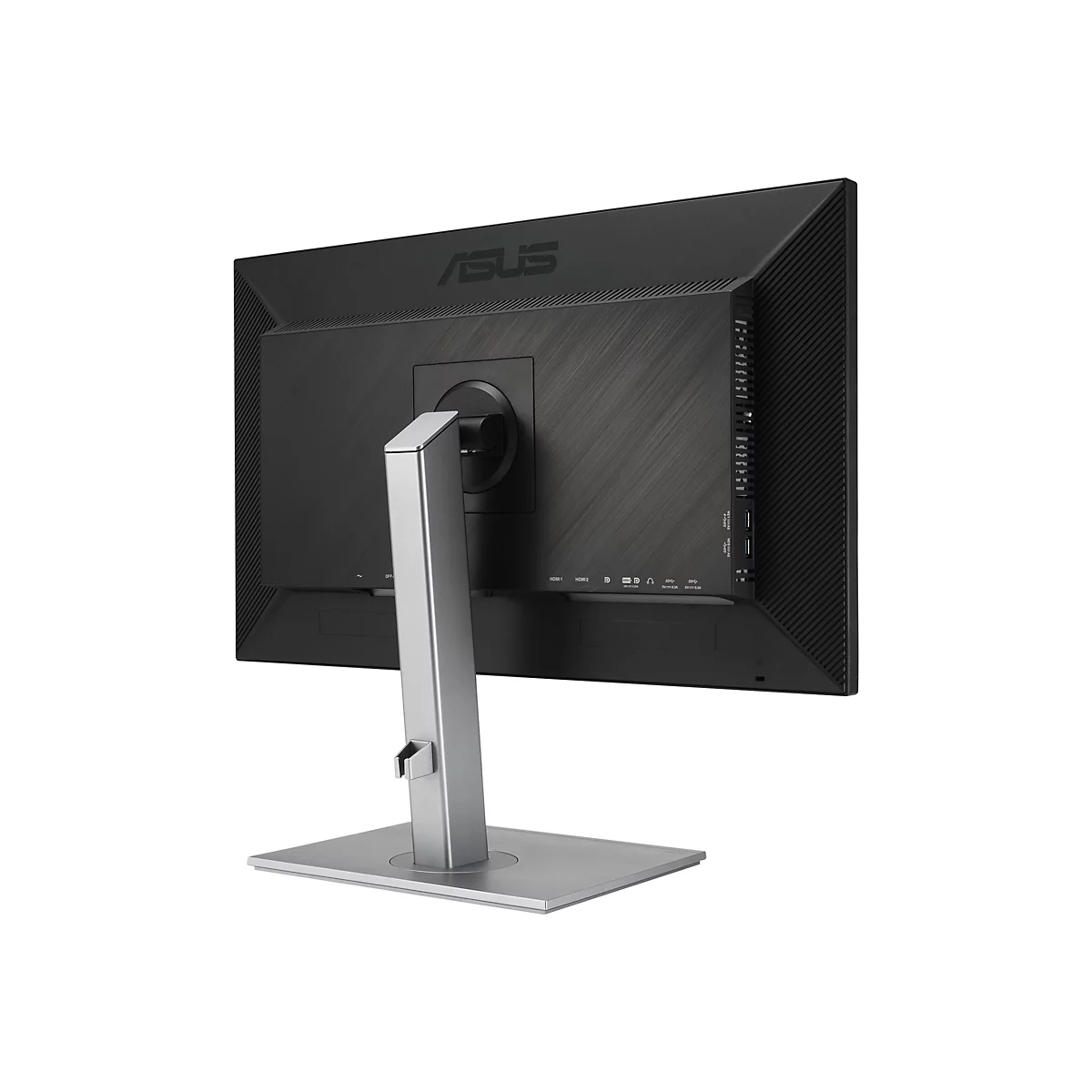 Ein Computer-Monitor, von hinten betrachtet, mit silberfarbenem StandfuÃŸ. Das ASUS Logo ist oben links zu sehen.