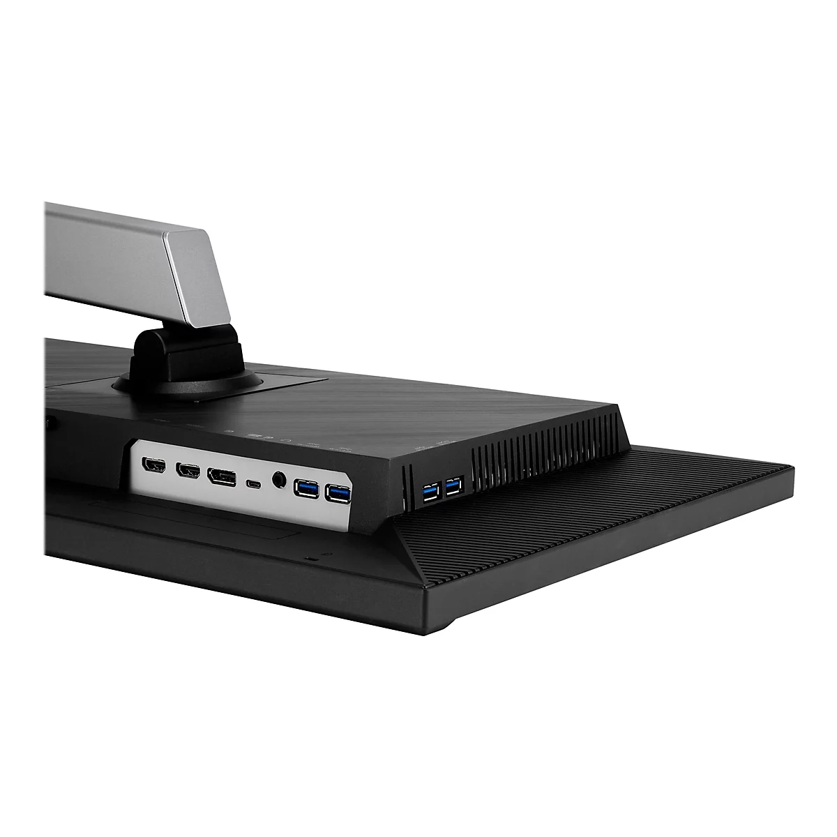Nahaufnahme der RÃ¼ckseite eines schwarzen Monitors mit AnschlÃ¼ssen: HDMI, USB, und Audio.
