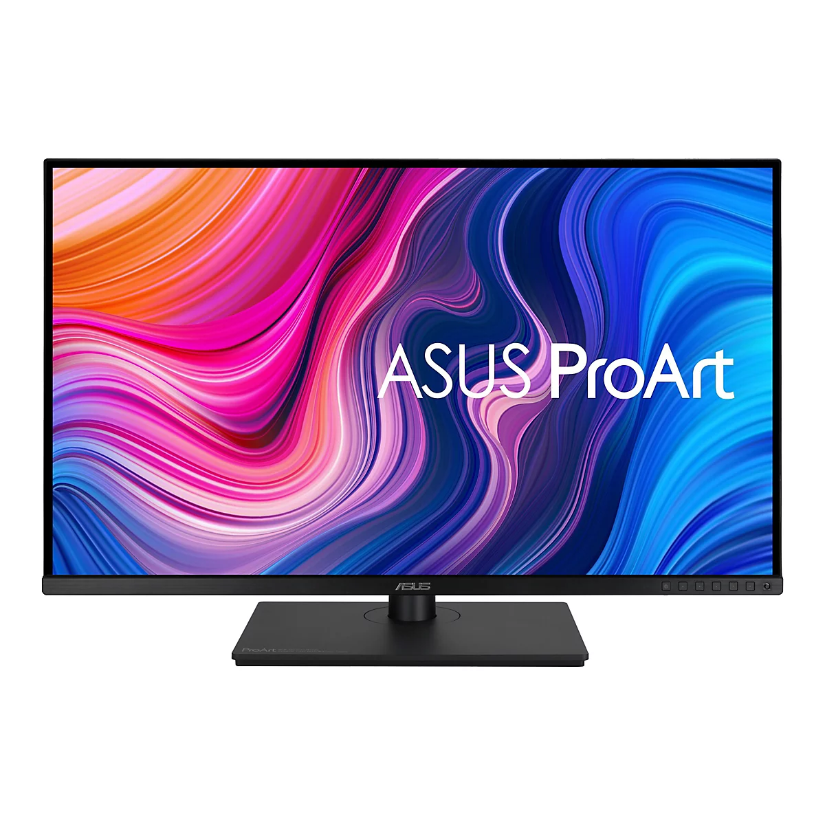 Ein schwarzer ASUS ProArt Monitor mit einem farbenfrohen, abstrakt-fließenden Hintergrund. Die Aufschrift "ASUS ProArt" ist mittig und weiß.