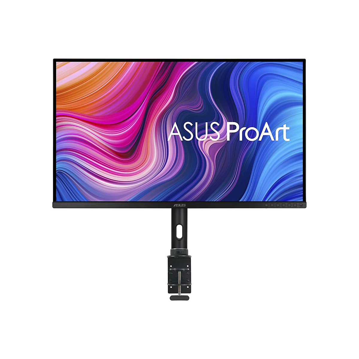 ASUS ProArt Monitor mit farbenfrohem Hintergrundbild, montiert an einer schwarzen Schreibtischhalterung.