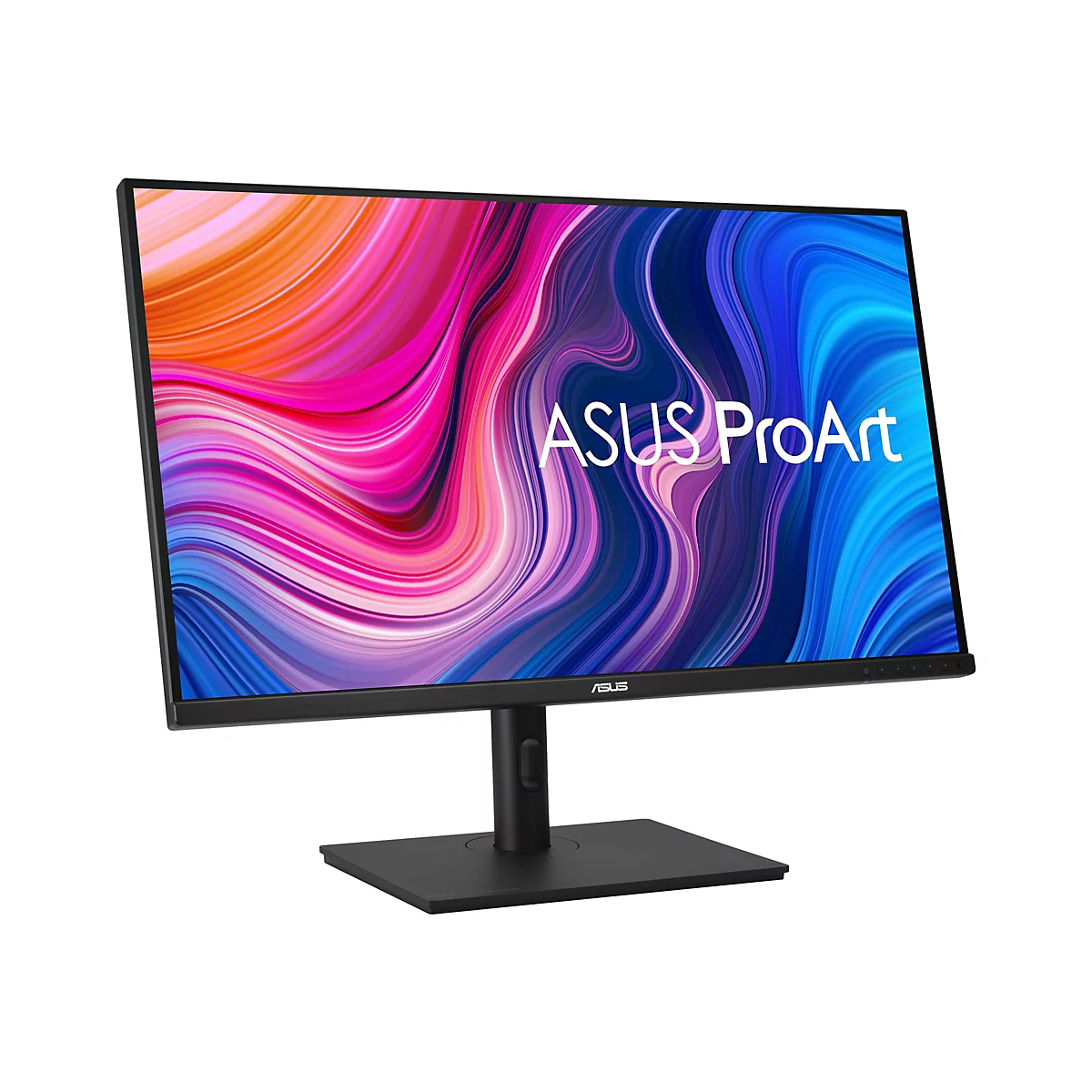 Schwarzer Asus ProArt Monitor mit buntem, abstraktem Wellendesign auf dem Display vor neutralem Hintergrund.