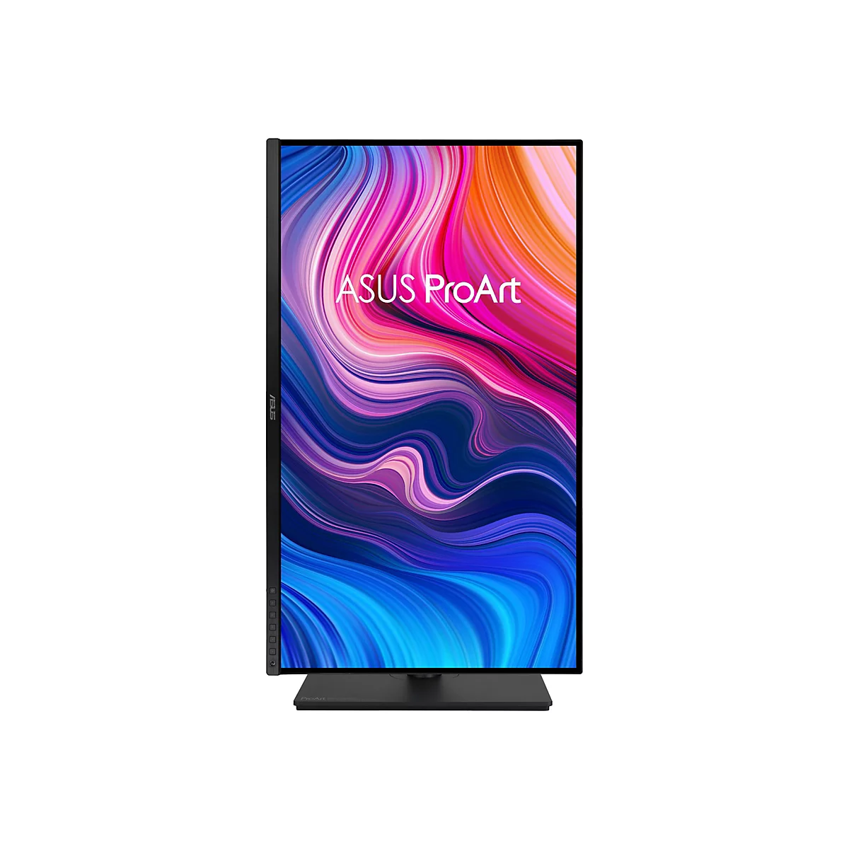 Ein schwarzer Monitor, auf dem der Schriftzug ASUS ProArt steht und ein farbenfrohes, abstraktes Design zeigt.
