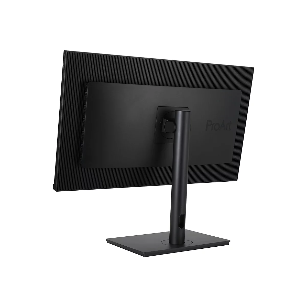 Rückansicht eines schwarzen Monitors mit Standfuß. Das ProArt-Logo ist deutlich sichtbar.