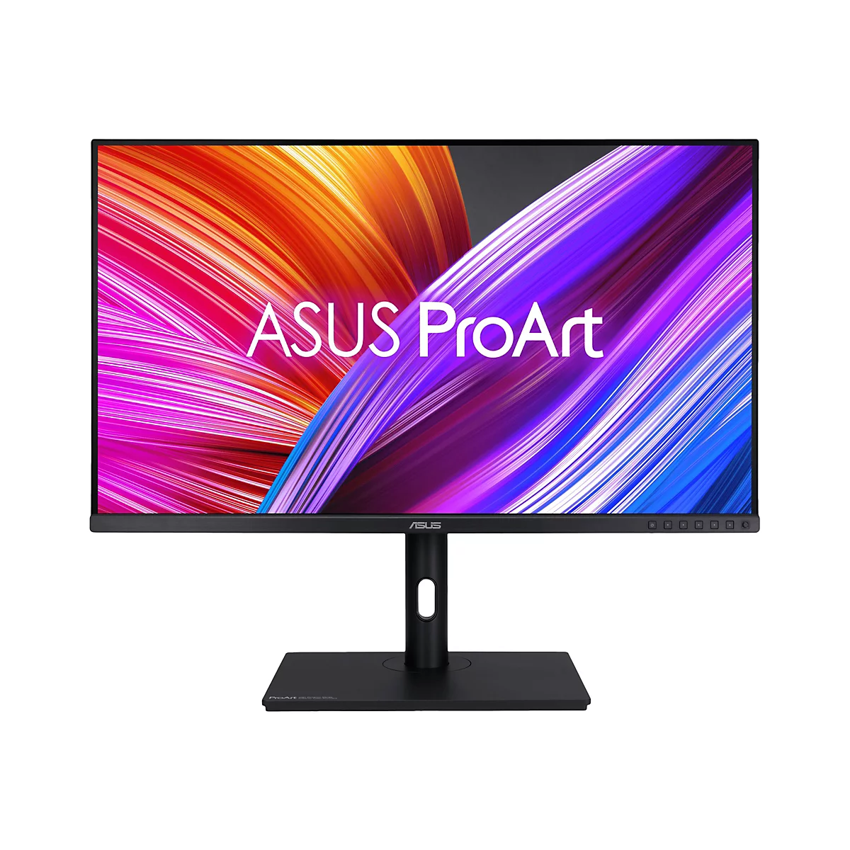 ASUS ProArt Monitor mit buntem Hintergrund, weißem Schriftzug und schwarzem Rahmen.