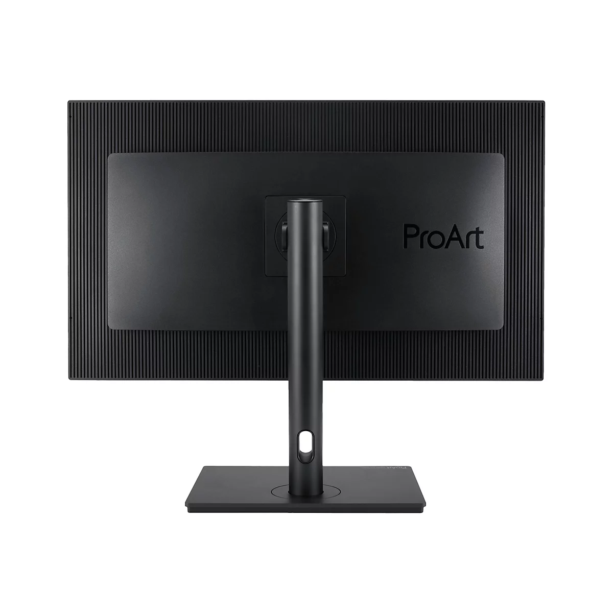 Rückseite eines schwarzen Monitors mit ProArt-Logo. Der Monitor ist auf einem schwarzen Standfuß befestigt.