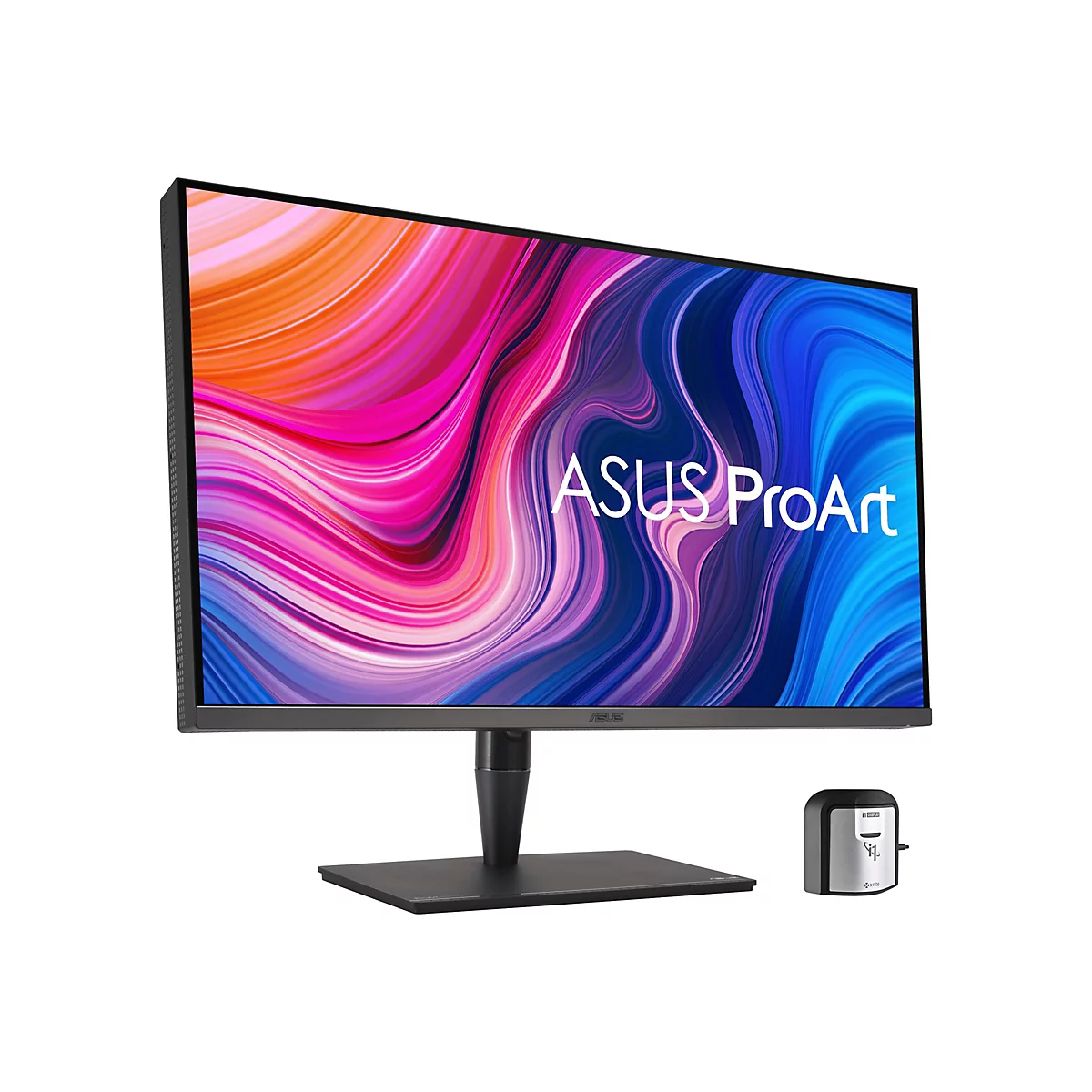 Ein ASUS ProArt Monitor mit Farbverlauf Display, schwarzem Ständer und Kalibrierungstool.