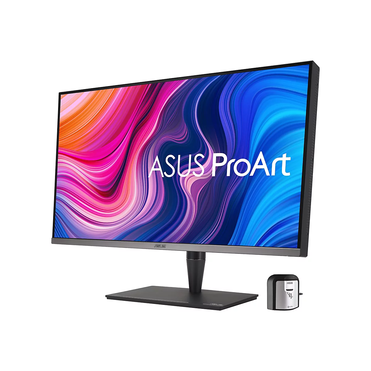 Ein ASUS ProArt Monitor mit einem farbenfrohen Hintergrundbild und einem separaten Gerät.