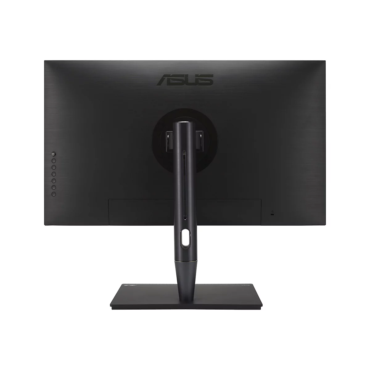Rückseite eines schwarzen ASUS ProArt Monitors auf einem Standfuß mit Kabeldurchlass vor weißem Hintergrund.