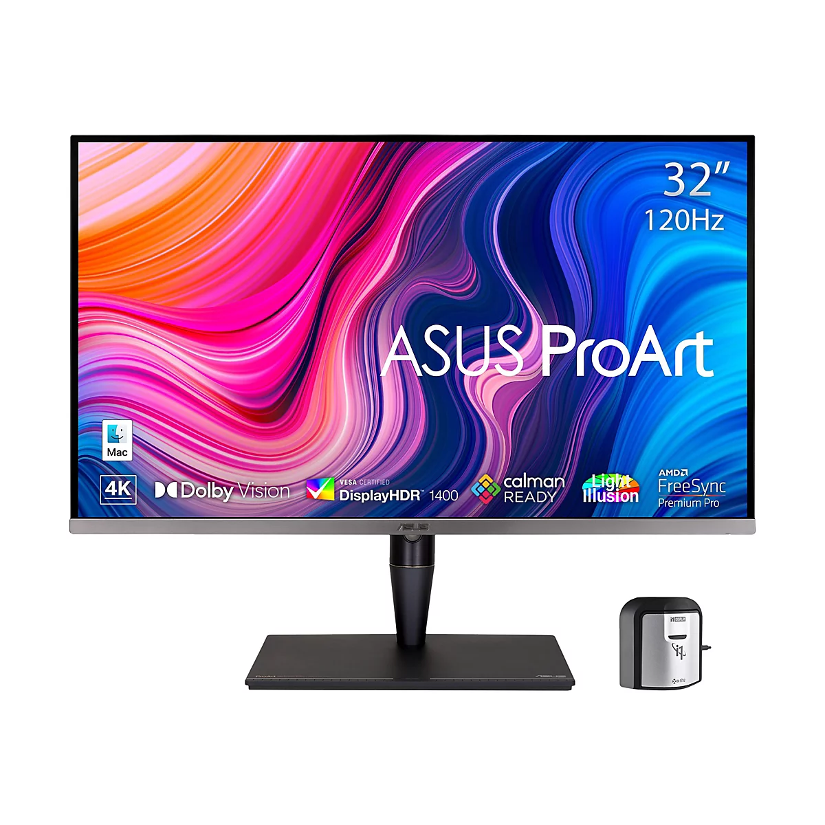 Ein 32-Zoll-ASUS ProArt-Monitor mit 120Hz und farbenfroher Grafik. Unten rechts befindet sich ein Kalibrierungsgerät.
