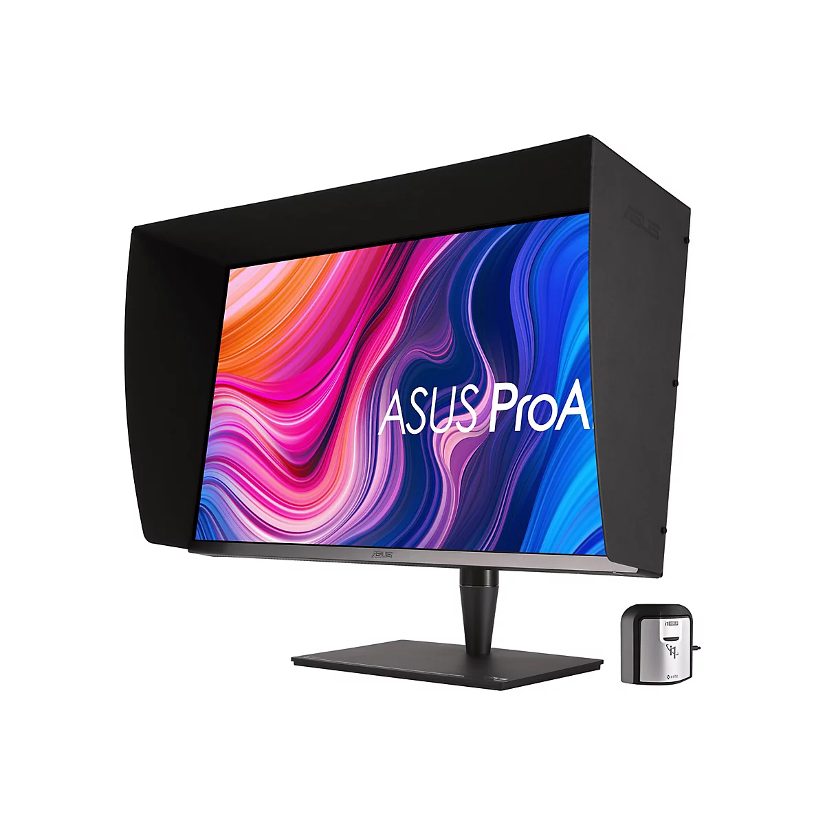 Ein schwarzer Monitor mit Sonnenblende. Auf dem Bildschirm: buntes Design mit Schriftzug ASUS ProArt. Rechts daneben ein Farbkalibrierungstool.