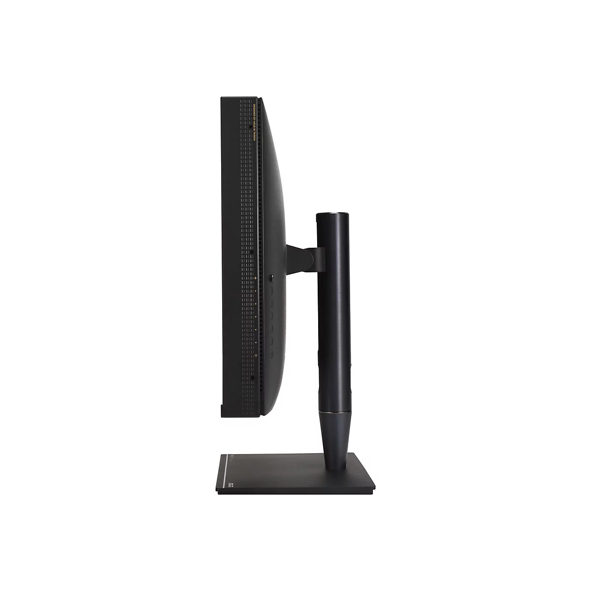 Seitenansicht eines schwarzen Monitors mit Standfuß. Der Monitor hat einen schmalen Rahmen und ist mit "Designed by ASUS in Taiwan" beschriftet.