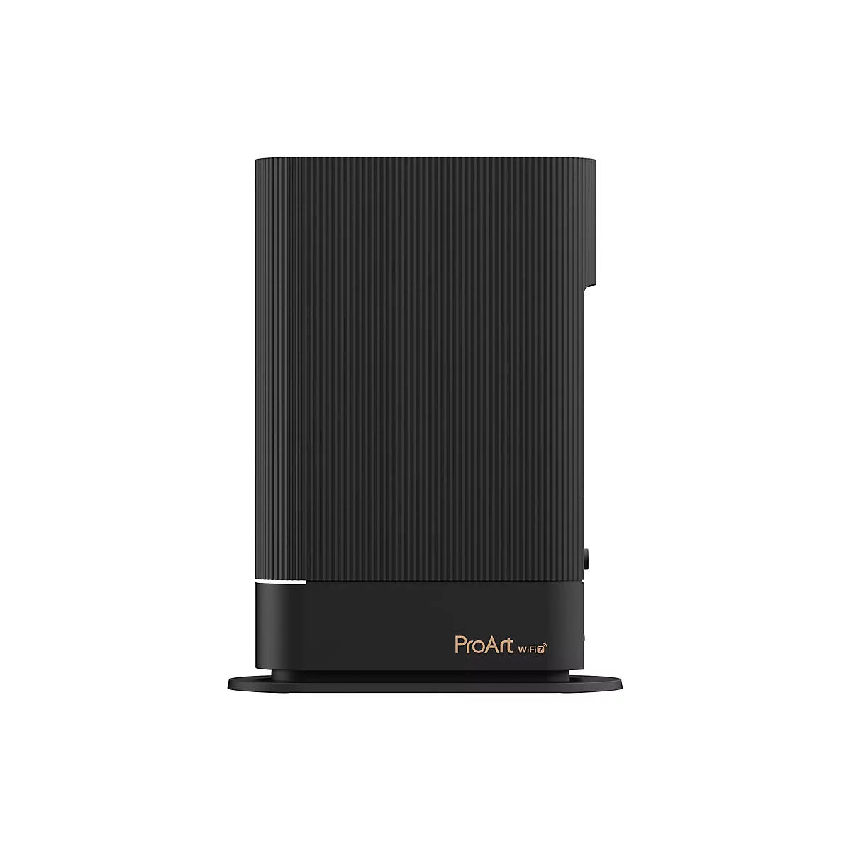 Schwarzer ProArt WiFi 7 Router mit gerippter Oberfläche auf schwarzem Standfuß vor weißem Hintergrund.