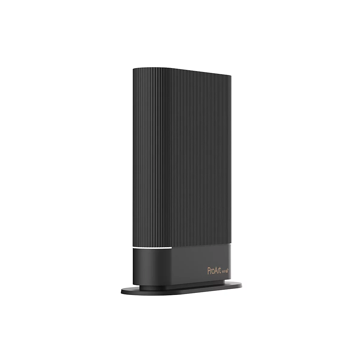 Schwarzer, vertikaler ASUS ProArt WLAN-Router mit geripptem Gehäuse und goldenem Logo auf dem Sockel.