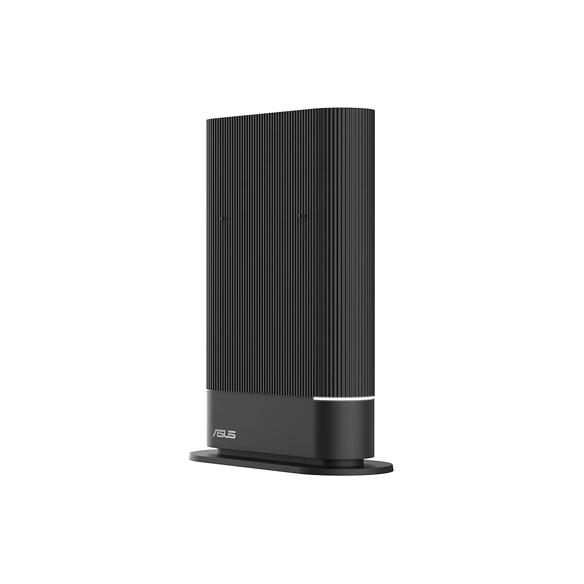 Schwarzer Asus Router mit vertikalem Riffelmuster und dezenter Lichtleiste auf einem Standfuß.