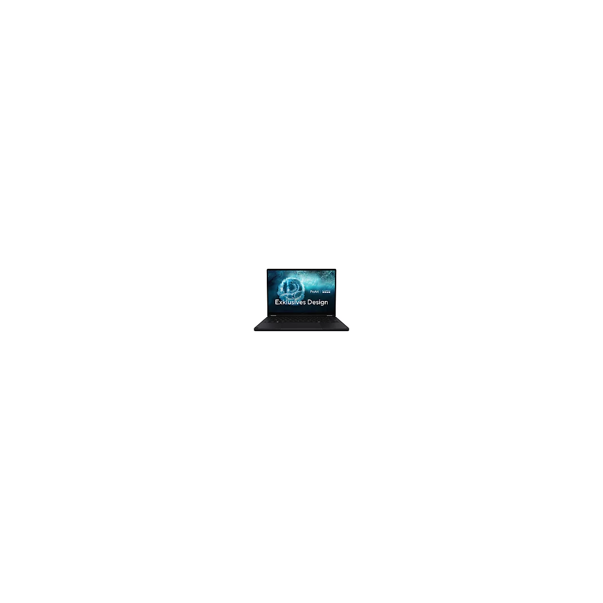 Schwarzes Laptop mit geöffnetem Display, darauf Schriftzug 'Exklusives Design' und Logo.