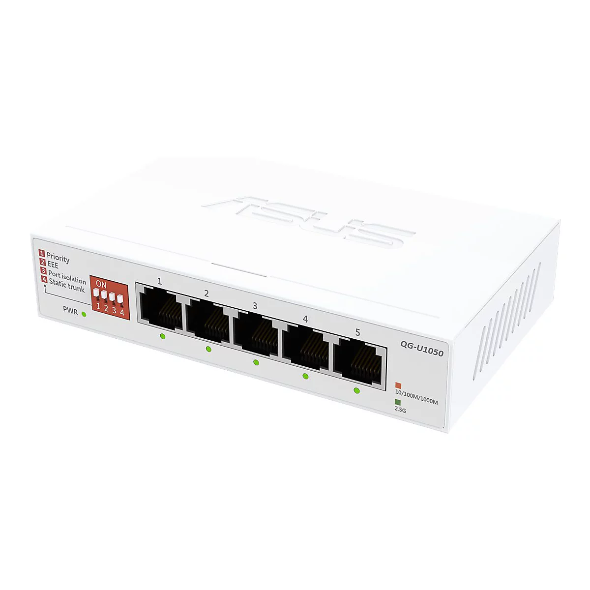 Weißer Asus 5-Port Netzwerk-Switch QG-U1050 mit DIP-Schaltern auf der Vorderseite.