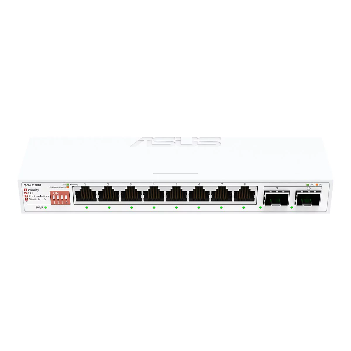 Weißer Asus-Netzwerk-Switch mit acht LAN-Ports und zwei 10G-Ports sowie vier DIP-Schaltern an der Vorderseite.