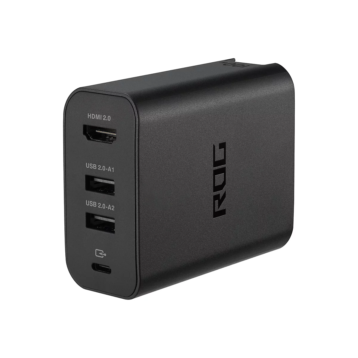 Schwarzes ROG Netzteil mit HDMI-, zwei USB-A- und einem USB-C-Anschluss vor weißem Hintergrund.