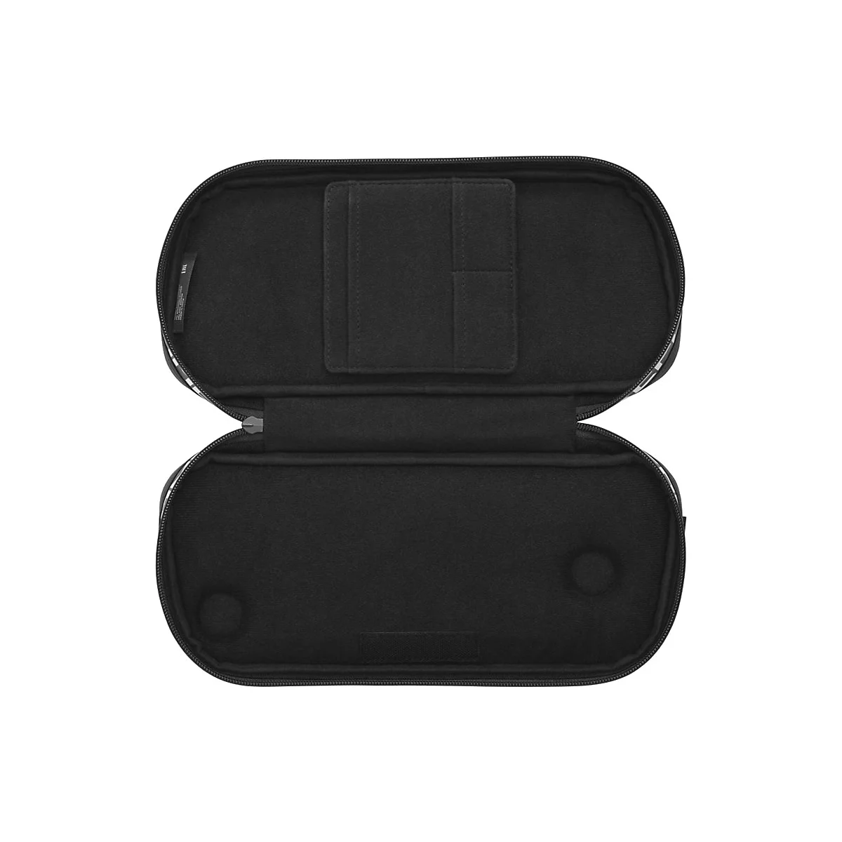 Geöffnete, schwarze Tragetasche mit Reißverschluss, die innen mit weichem Stoff ausgekleidet ist.