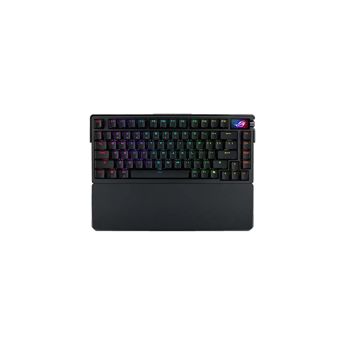 Schwarze Gaming-Tastatur mit RGB-Beleuchtung und integrierter Handballenauflage vor weißem Hintergrund.