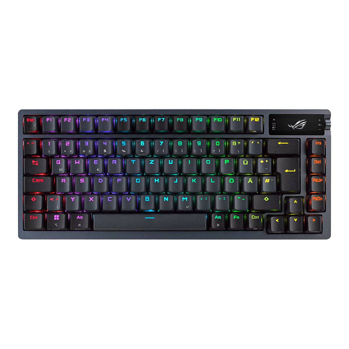 Schwarze ROG-Gaming-Tastatur mit RGB-Beleuchtung und deutschem QWERTZ-Layout auf weißem Hintergrund.
