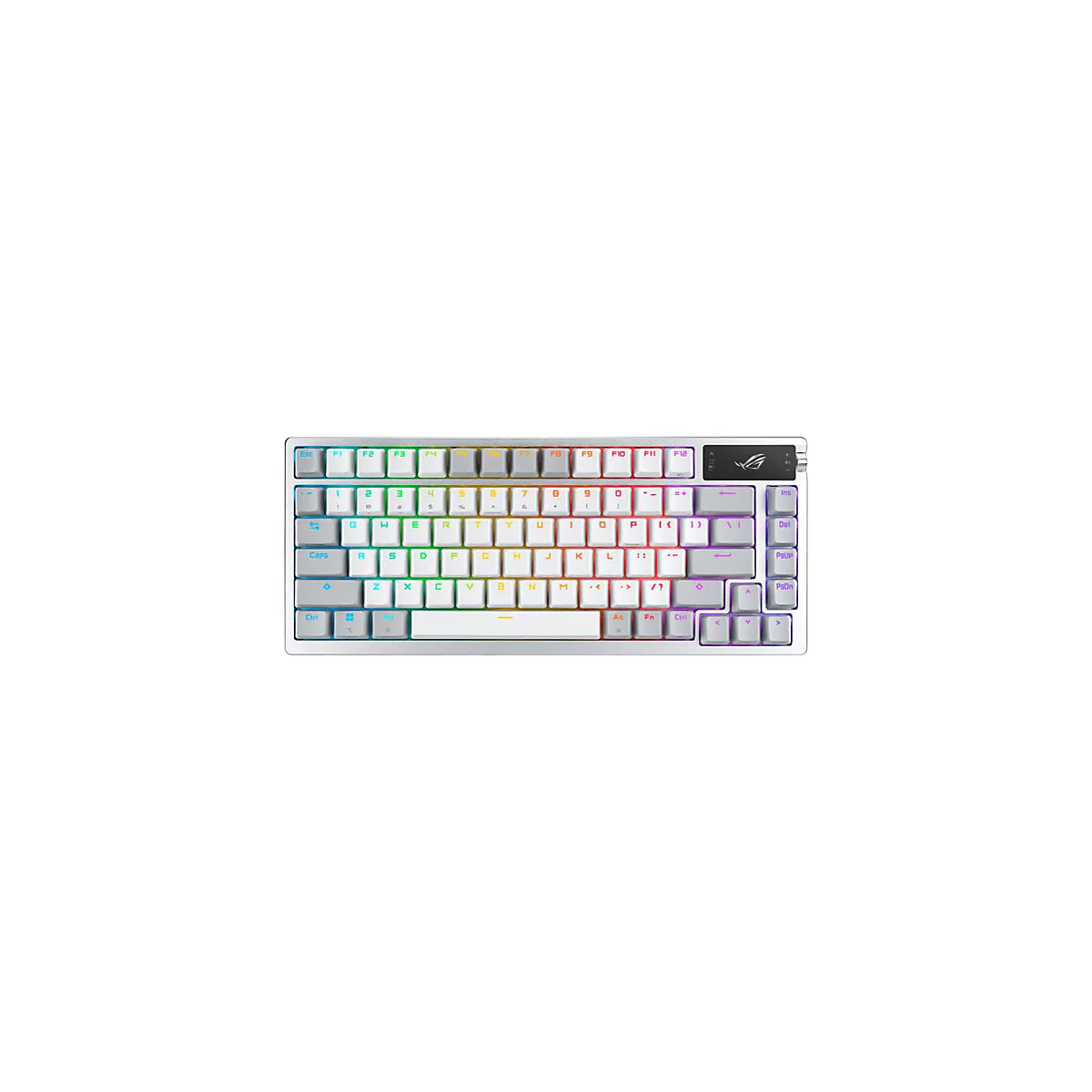 Draufsicht einer silberfarbenen mechanischen Tastatur mit weiÃŸen und grauen Tasten und RGB-Beleuchtung. Oben rechts befindet sich das ROG-Logo.