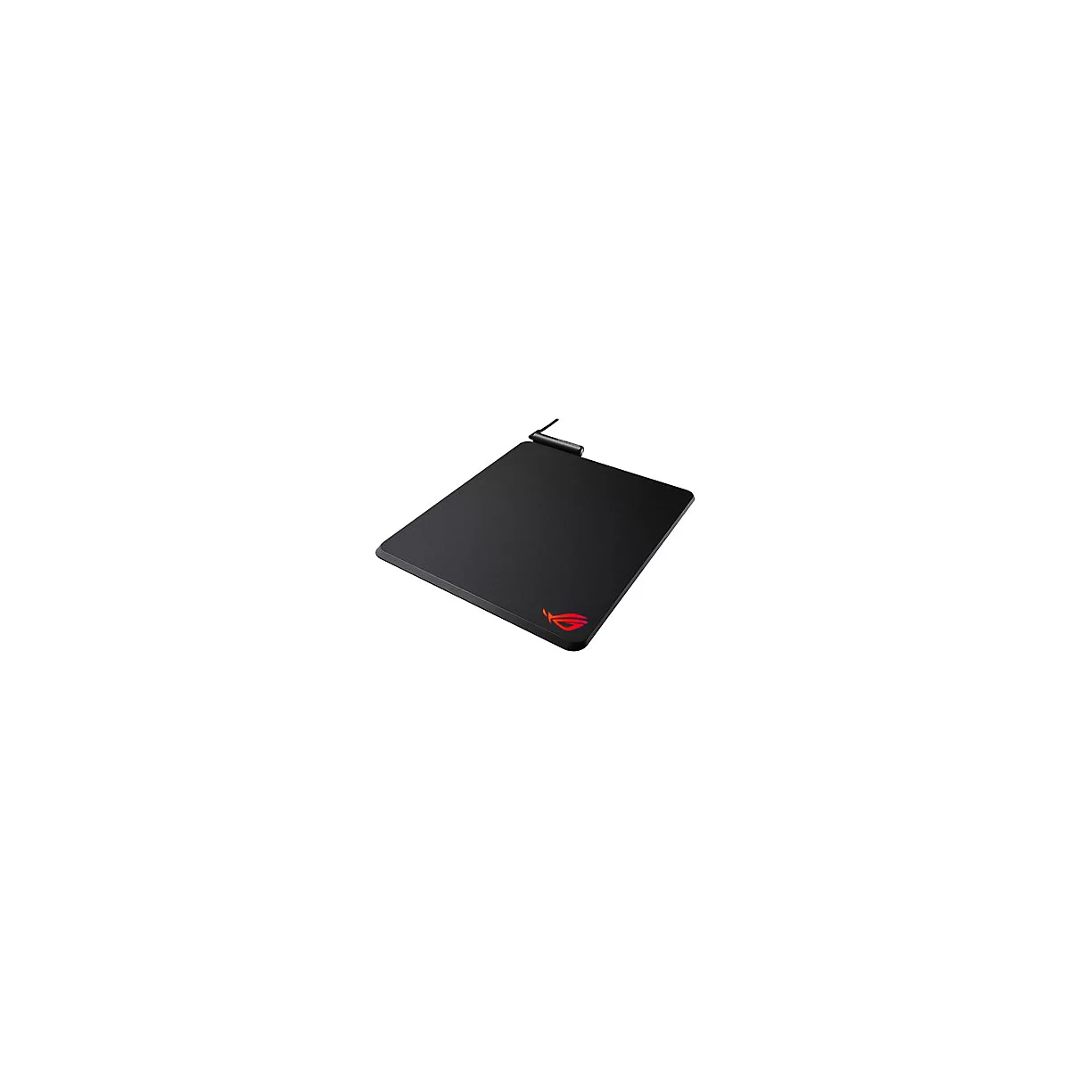 Schwarzes Gaming-Mauspad mit rotem ROG-Logo. Am oberen Rand ein USB-Kabel.