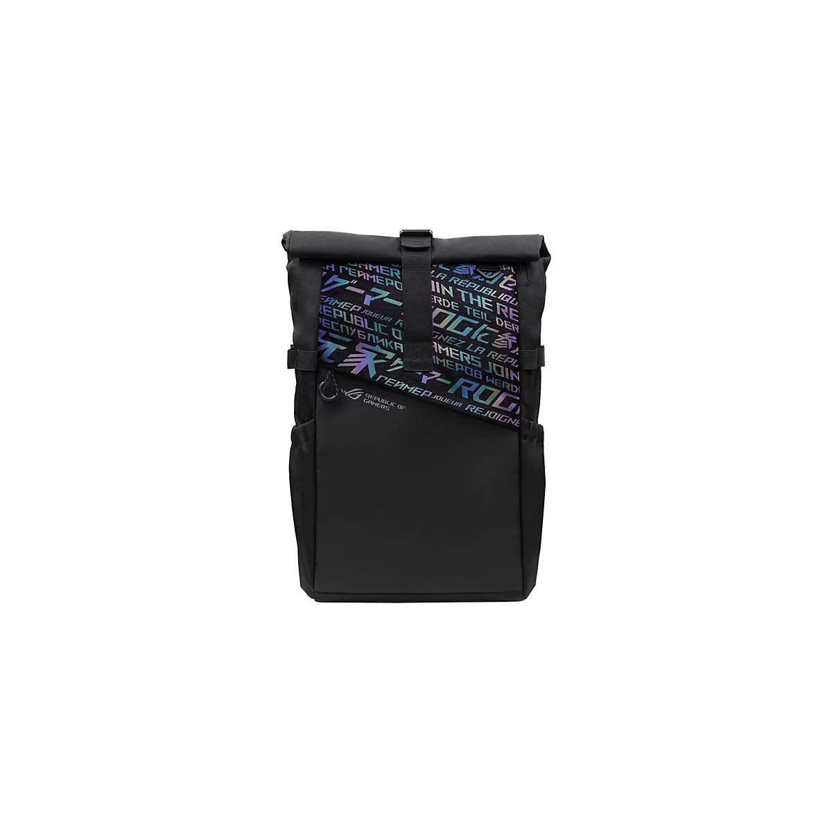 Schwarzer Rucksack mit Rollverschluss und irisierendem Gamer-Logo-Aufdruck auf der Frontseite.