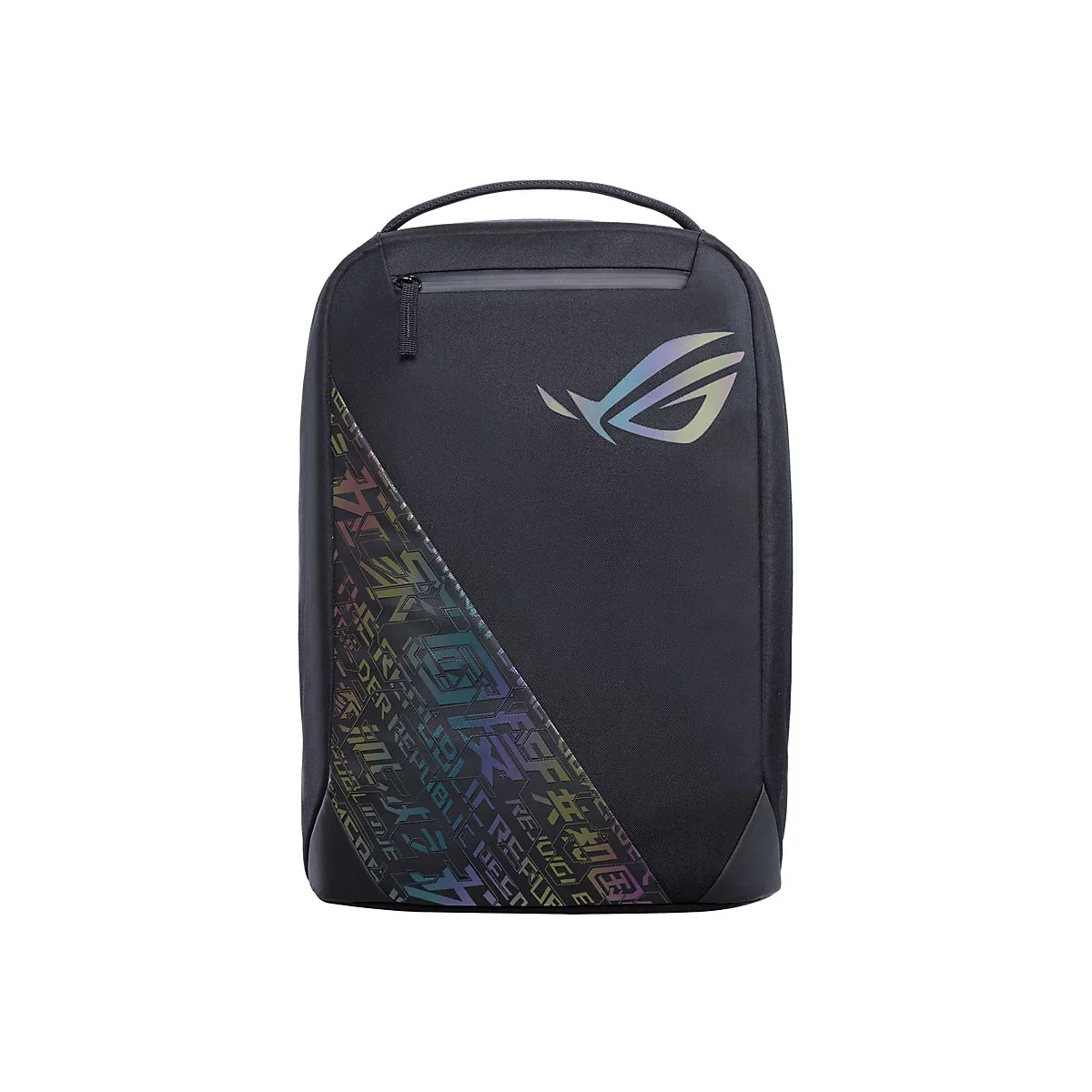 Schwarzer ROG Gaming-Rucksack mit schillerndem Logo und grafischem Muster auf der Vorderseite.