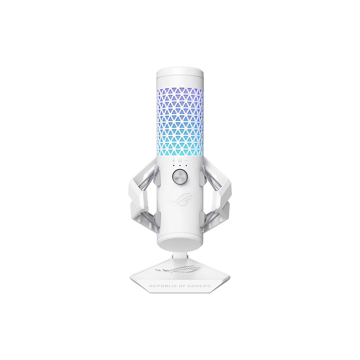 Weißes Mikrofon mit blau-violetten Lichtern. Unterhalb der Mikrofonkapsel befinden sich Bedienelemente und das Logo „Republic of Gamers“ auf dem Standfuß.