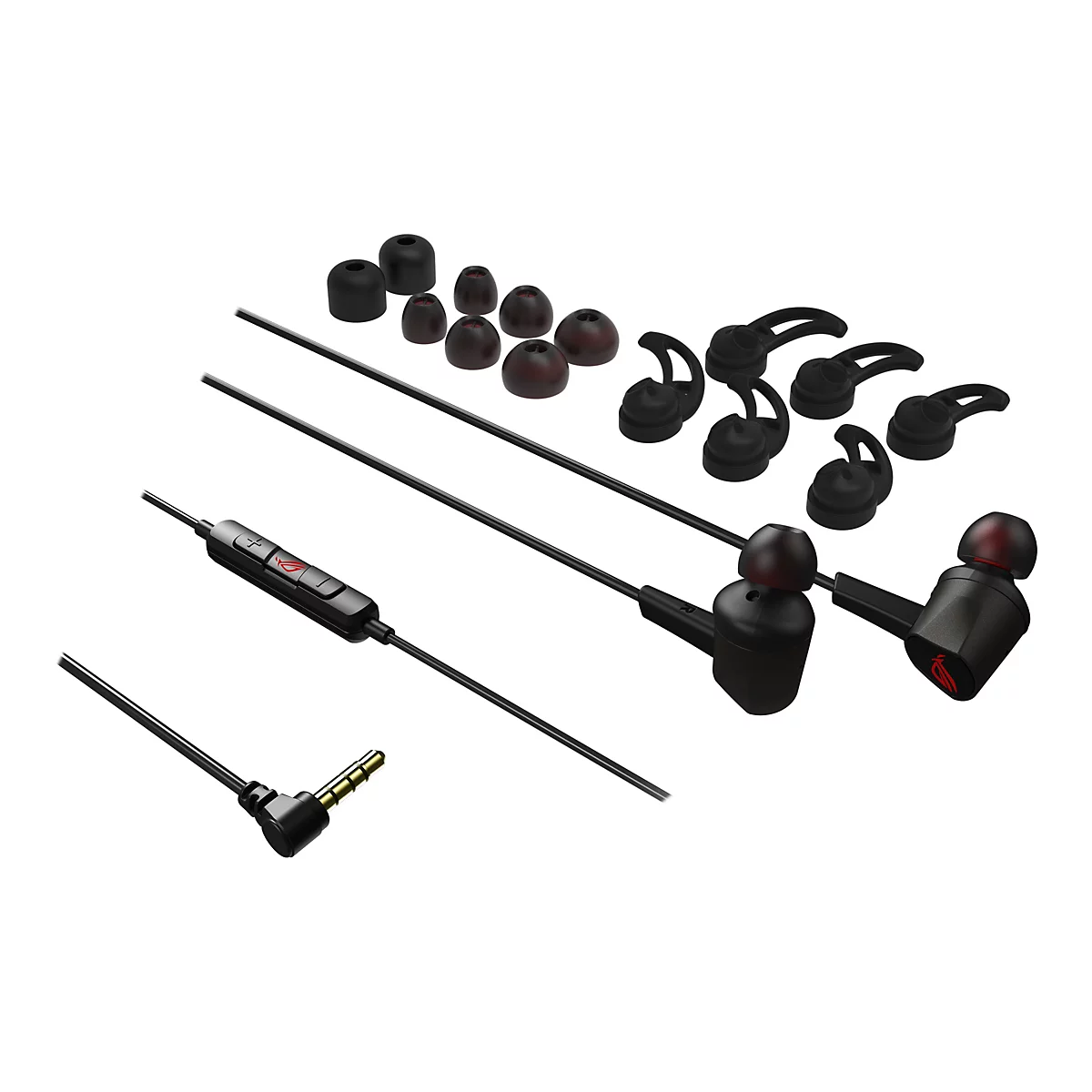 Nahaufnahme von In-Ear-Kopfhörern mit verschiedenen Ohrstöpseln und Ohreinsätzen. Schwarze Kabel und Stecker, auf weißem Grund.