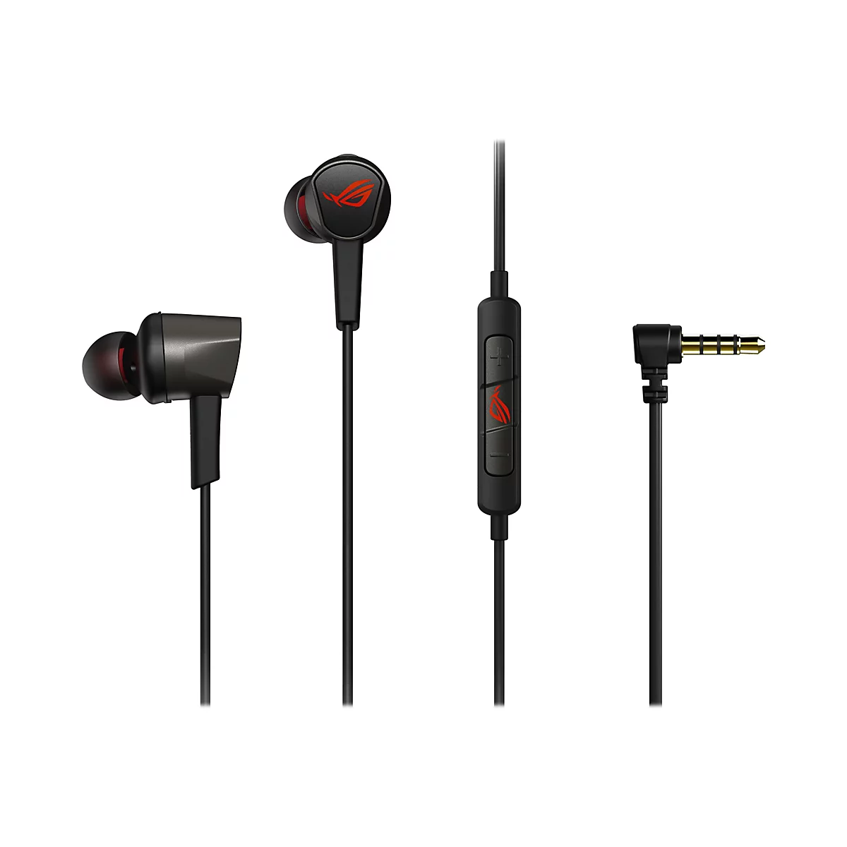 Schwarze In-Ear-Kopfhörer mit rotem Akzent, ROG-Logo und Bedienelementen.