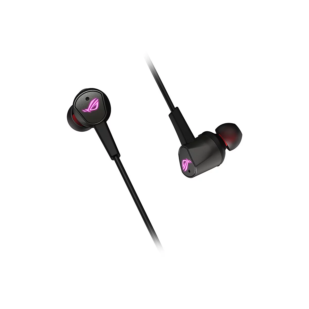 Schwarze In-Ear-Kopfhörer mit pinkfarbenem Logo. Ein Ohrstöpsel ist im Detail dargestellt.
