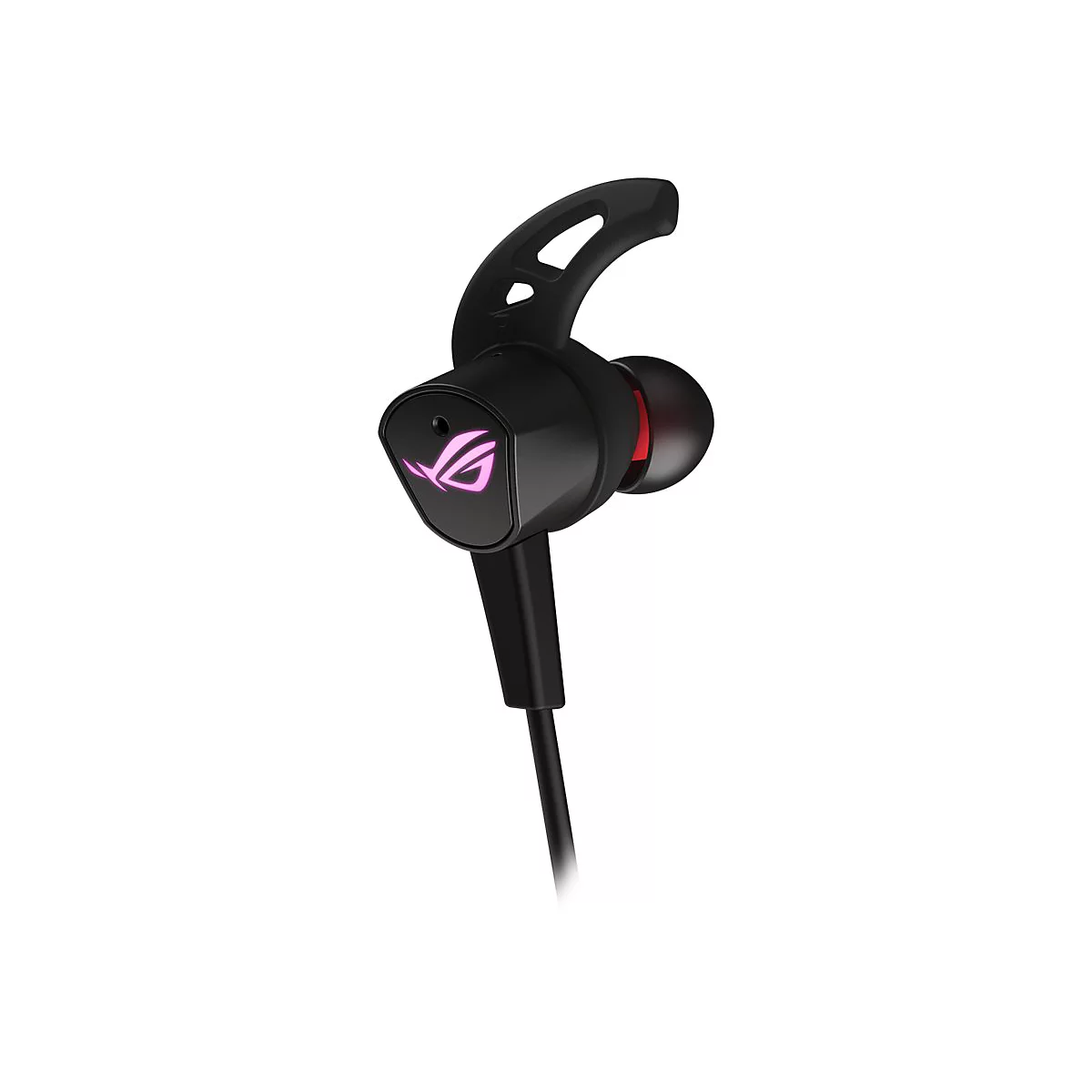 Schwarzer In-Ear-Kopfhörer mit pinkfarbenem Logo. Ein roter Akzent am Ohrhörer.